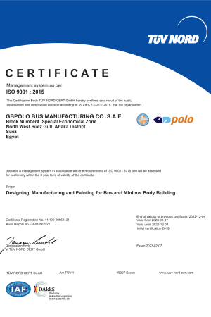 ISO 9001_2015_GBOLO Bus Manufacturing Company sign with sign with blue ...